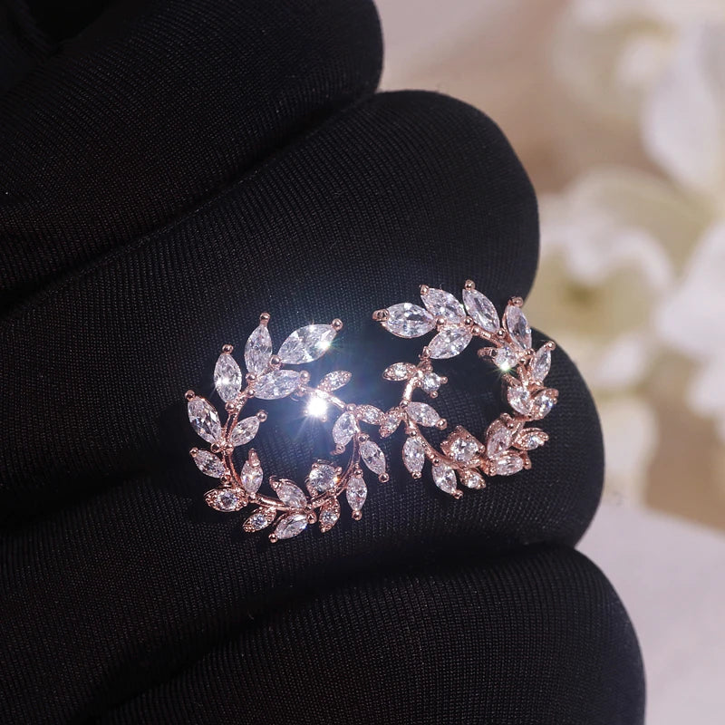 Luxury Olive Branch Cubic Zirconia Stud Earrings