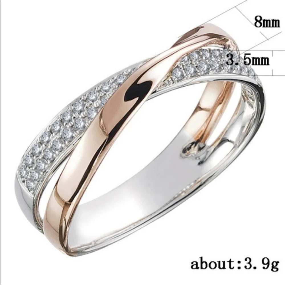 Newest Fresh Stainless Steel Two Tone X Shape Cross Ring for Women Wedding Trendy Jewelry Dazzling CZ Stone Large Modern Rings