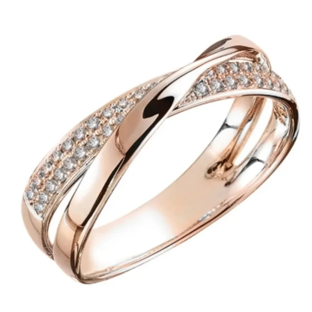 Newest Fresh Stainless Steel Two Tone X Shape Cross Ring for Women Wedding Trendy Jewelry Dazzling CZ Stone Large Modern Rings