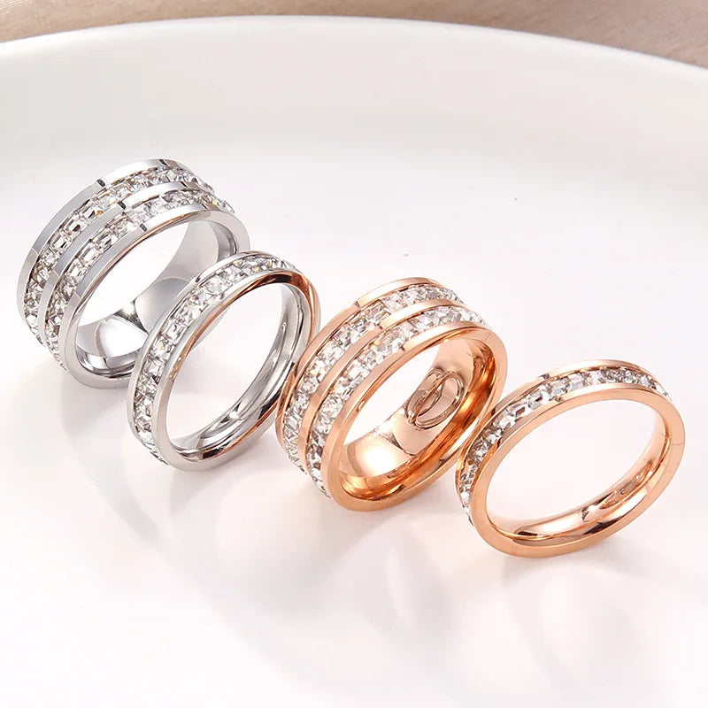 Rose Gold Double Row Square Zircon Stainless Steel Ring - Luxury Jewelry